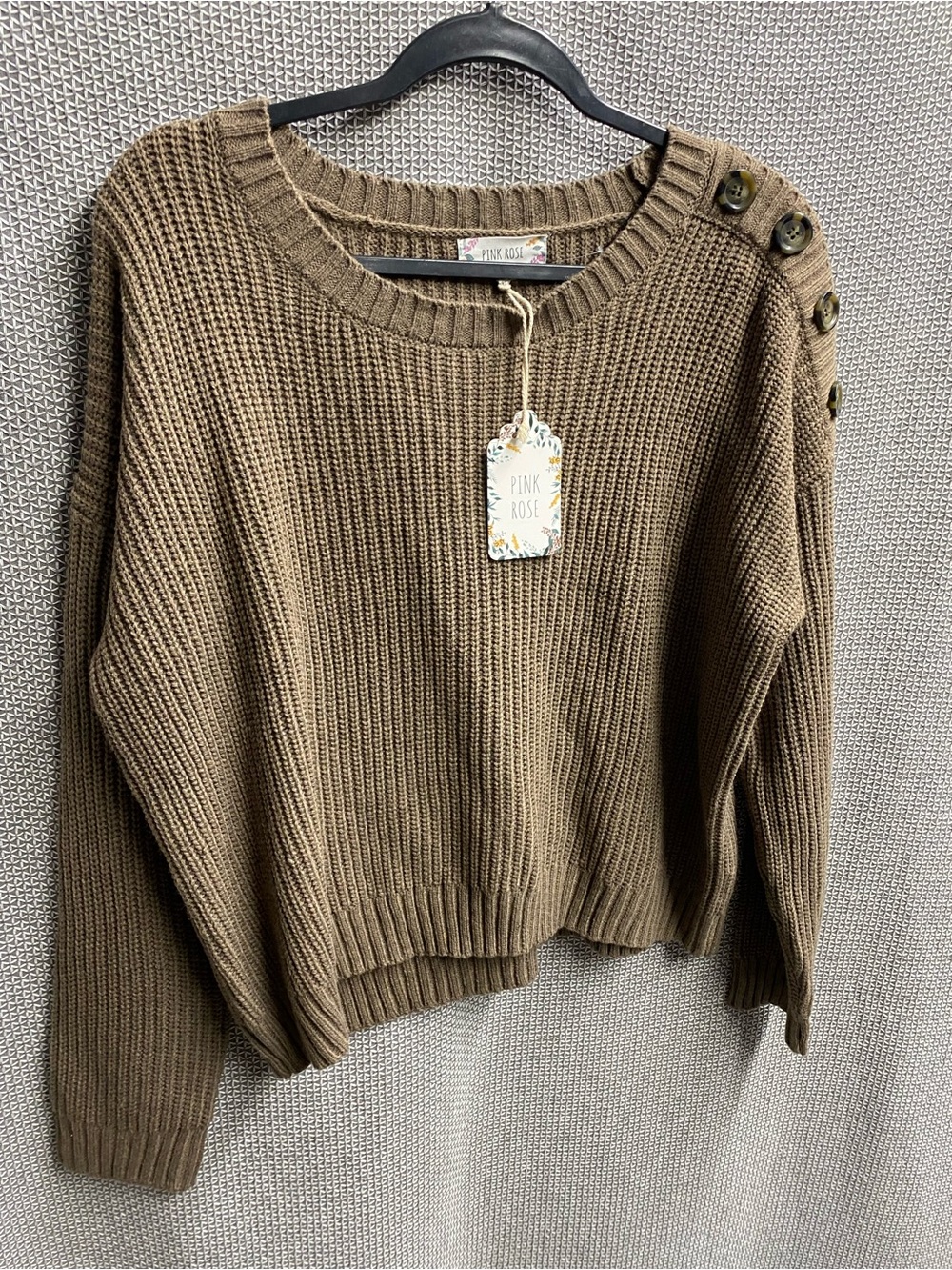 Pink Rose XL 💗 Women's Button-Shoulder Brown Crop Knit Sweater
